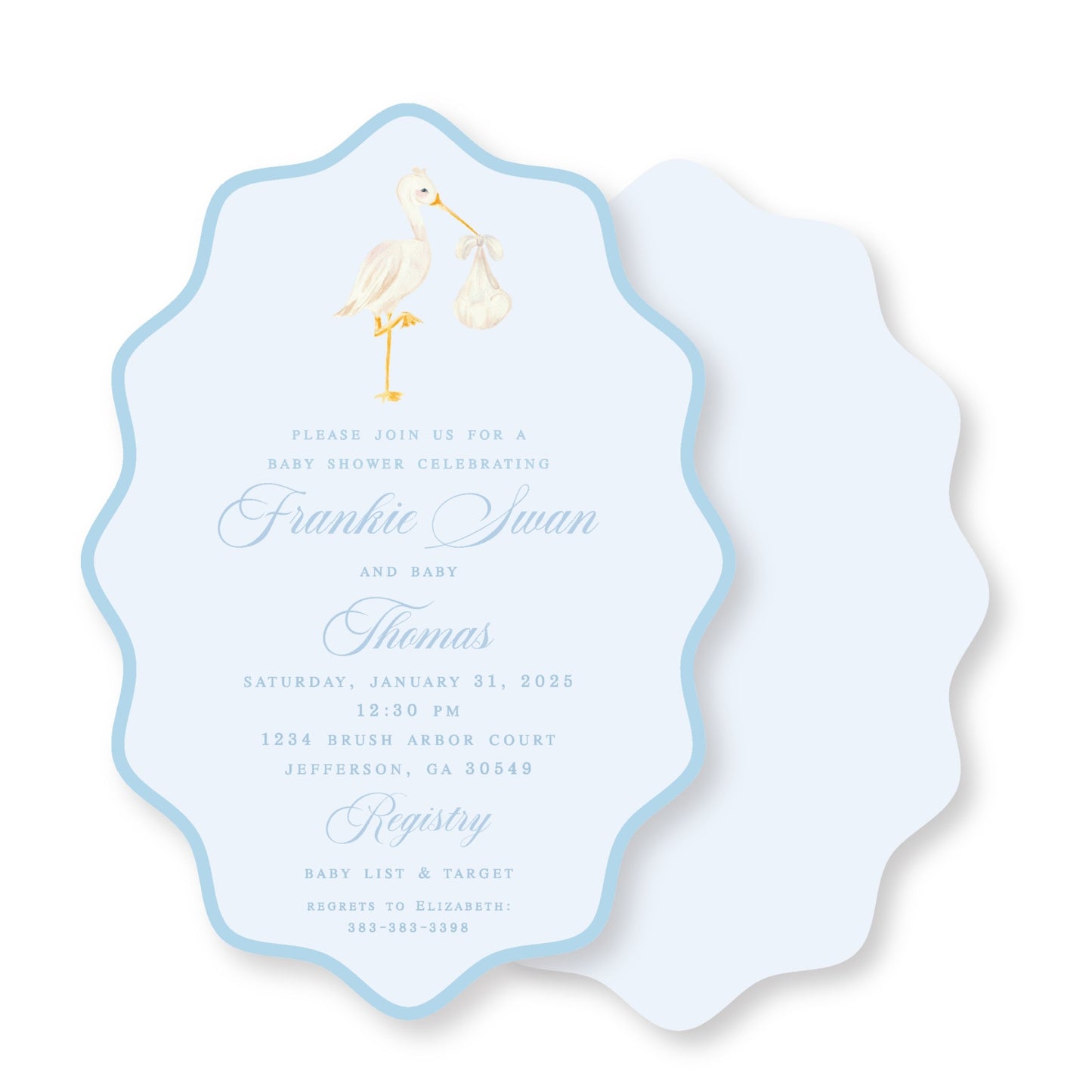 Wavy Oval Blue Stork Invitation