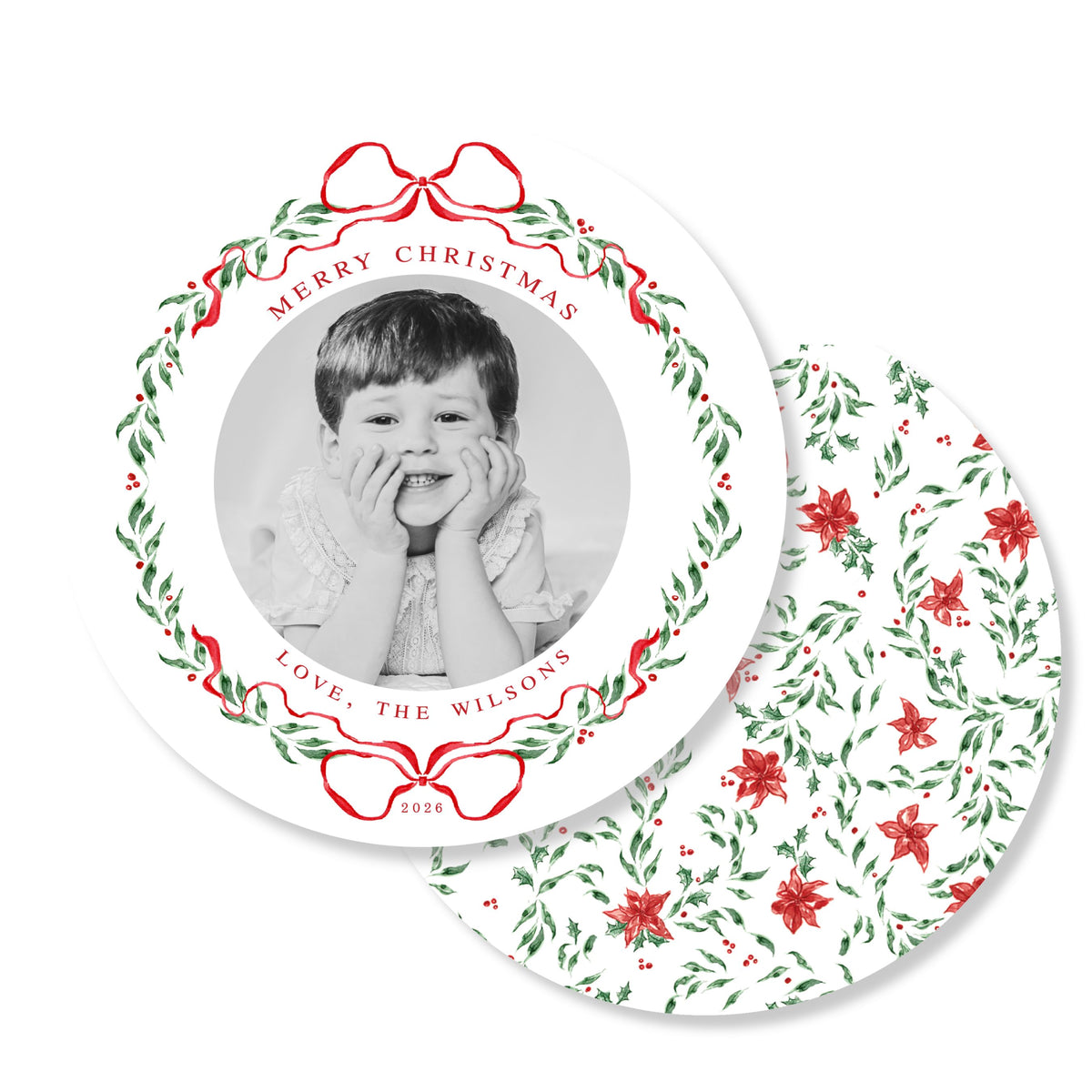 Christmas Ribbon & Holly Round Photo Card