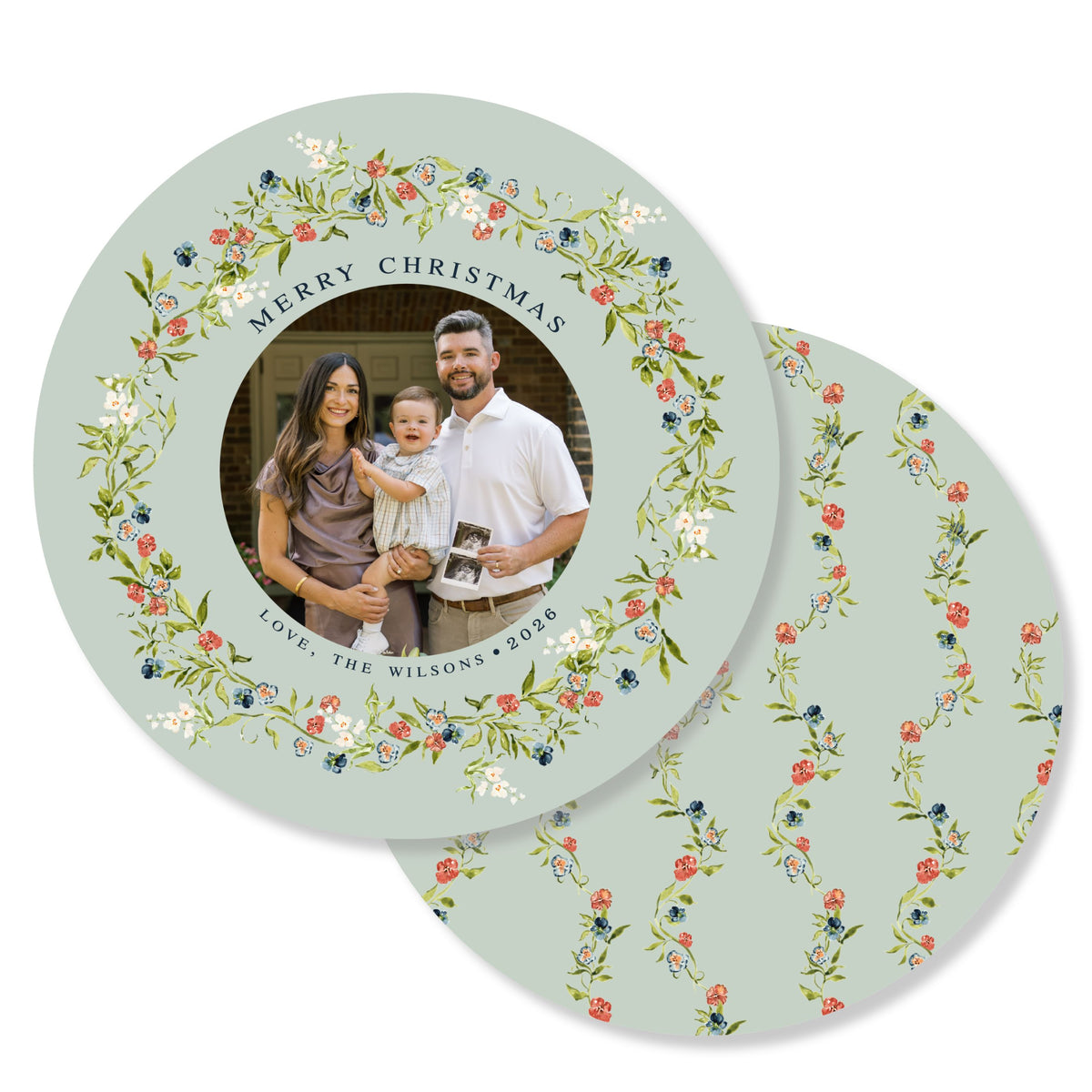Christmas Floral Wreath Round Photo Card