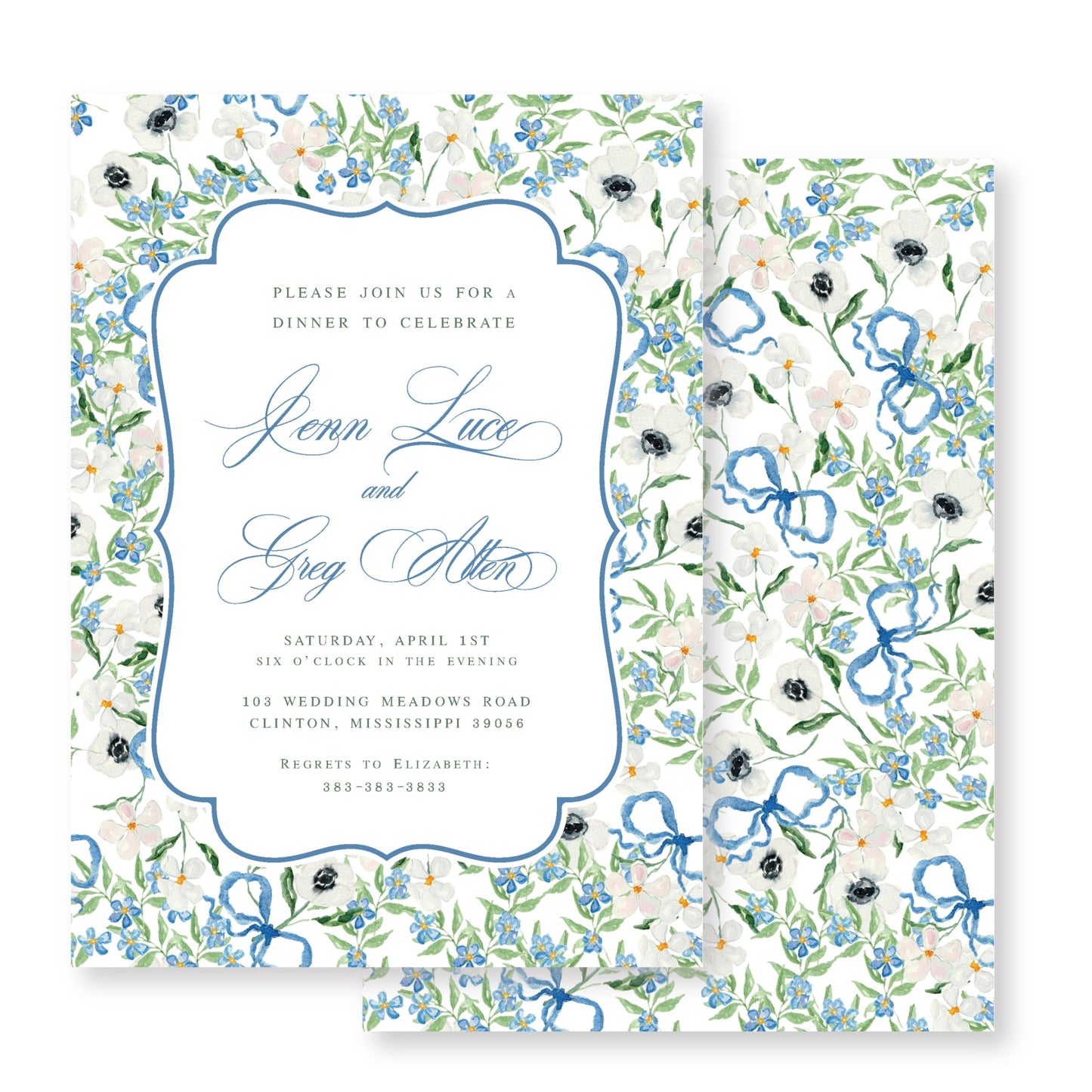 Blue Florals Wedding Dinner Invitation