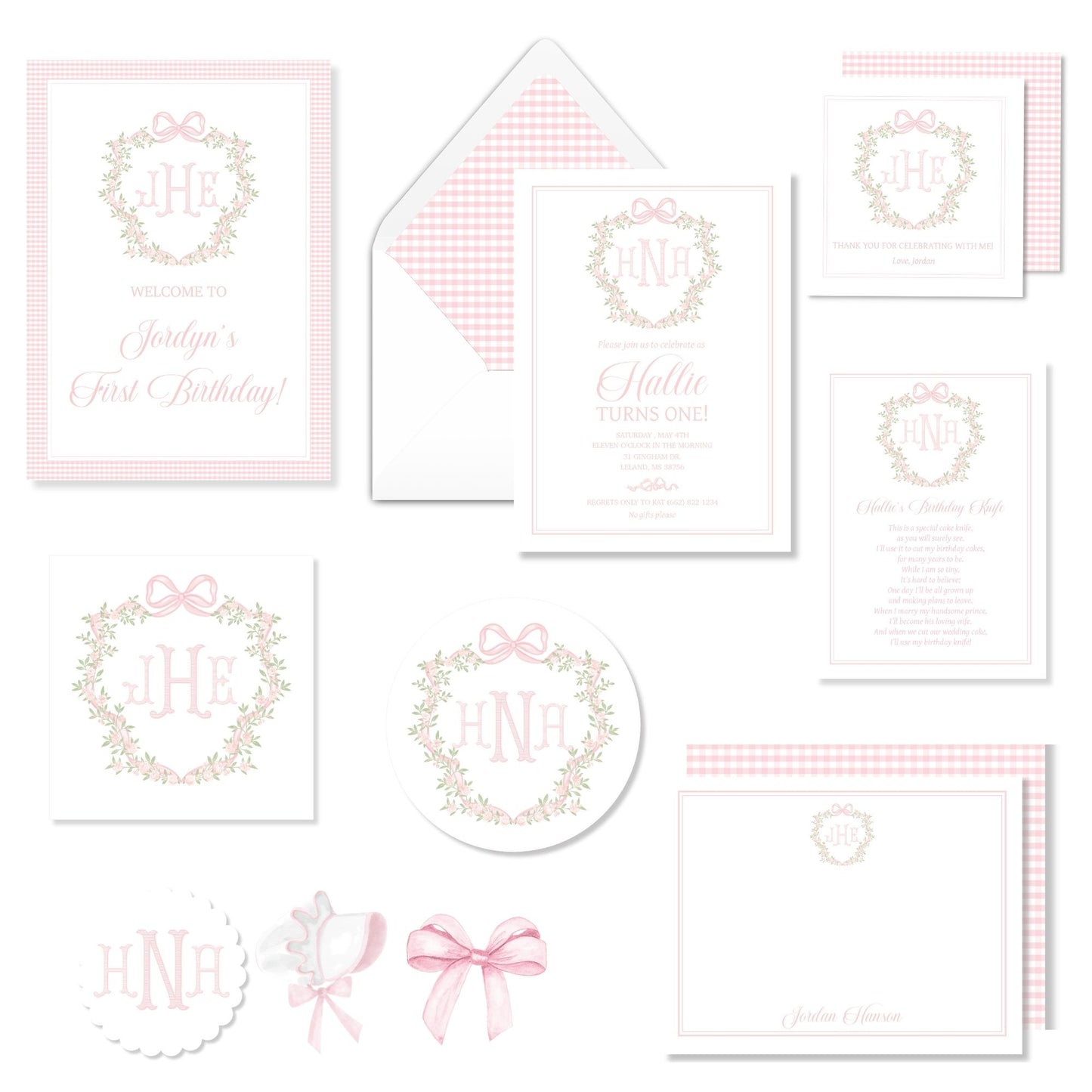 Pink Gingham Monogram Invitation