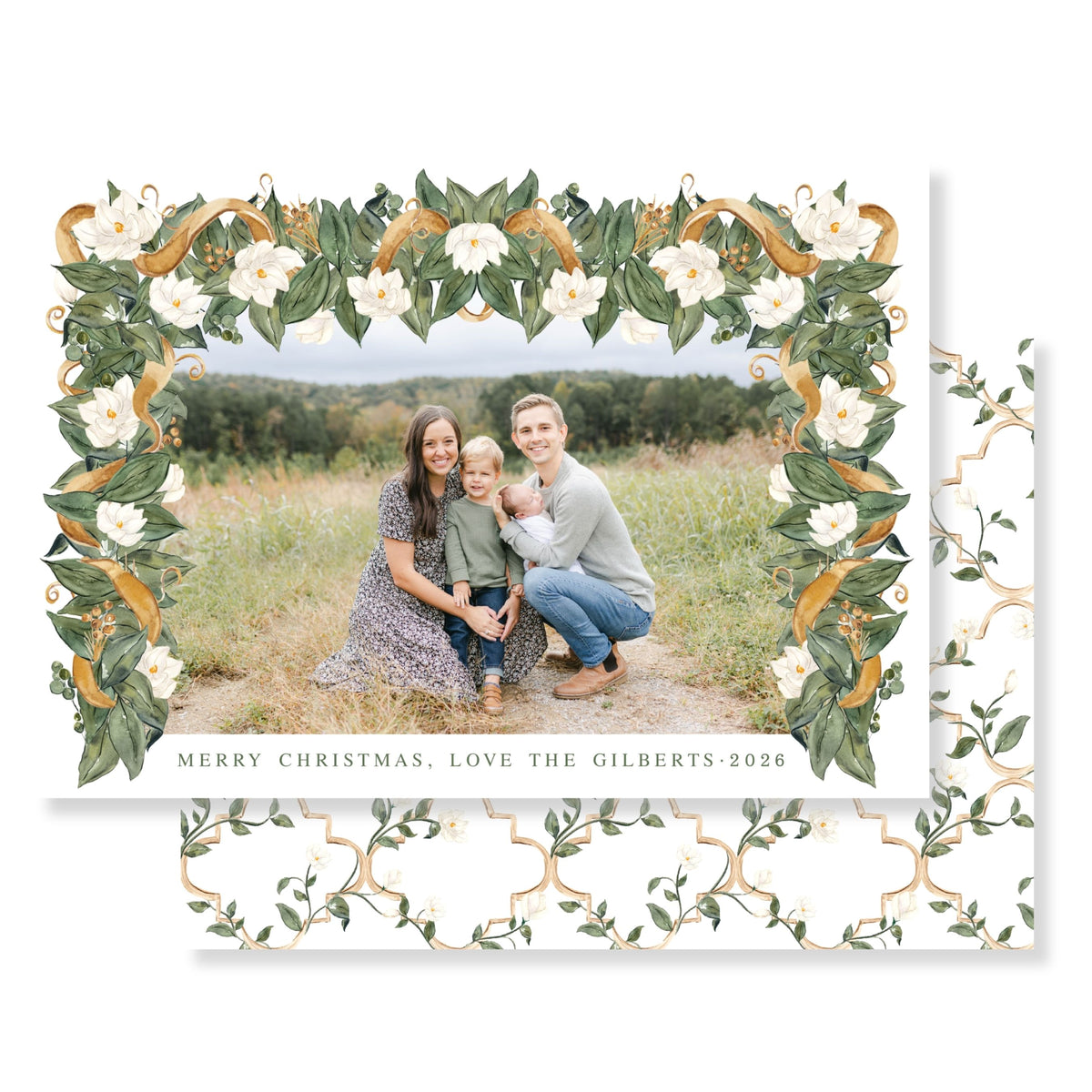 Magnolia & Gold Ribbon Christmas Card (Horizontal)