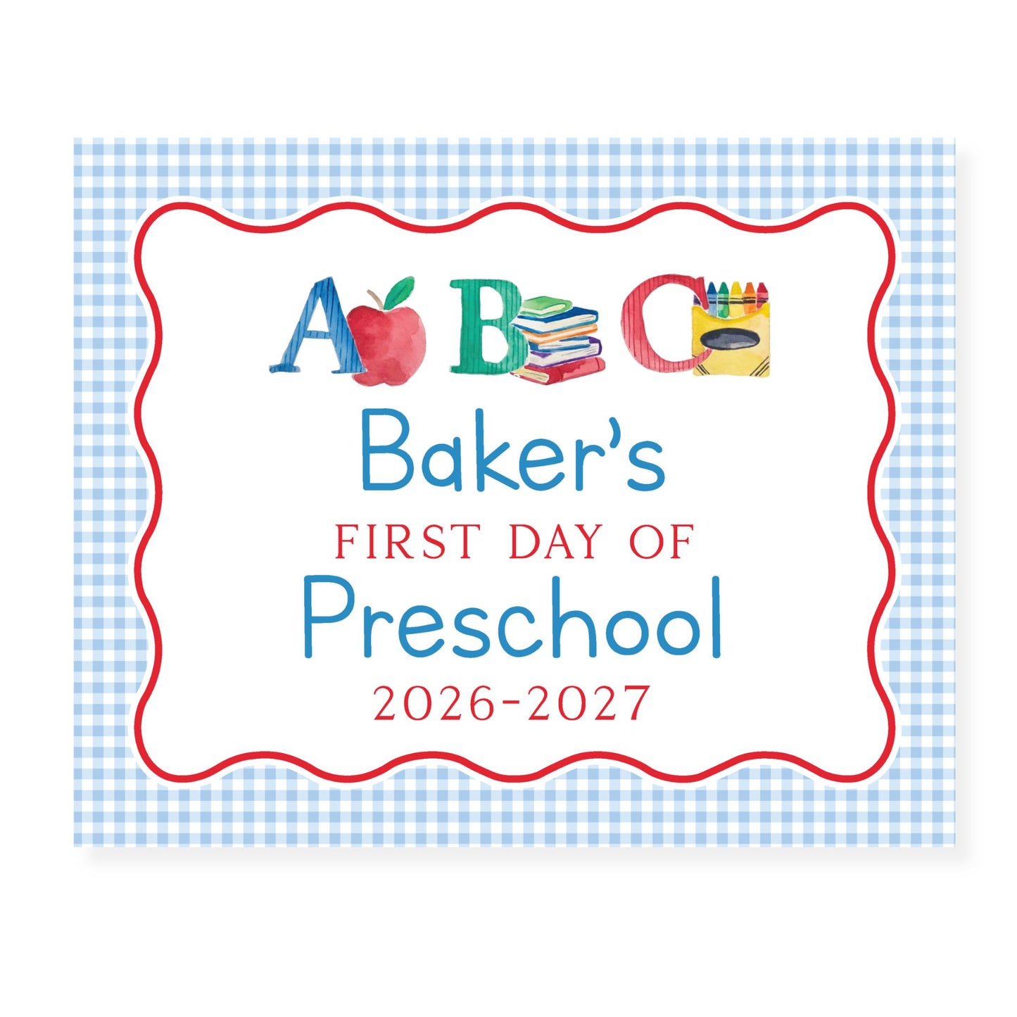 Personalized First Day of School Sign | ABC School Photo Prop | Blue Gingham Printable | Custom Grade Sign