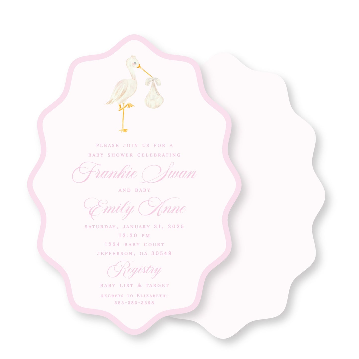 Wavy Oval Pink Stork Invitation