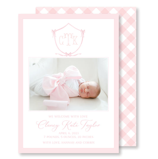 Pink Bow Crest Baby Announcement