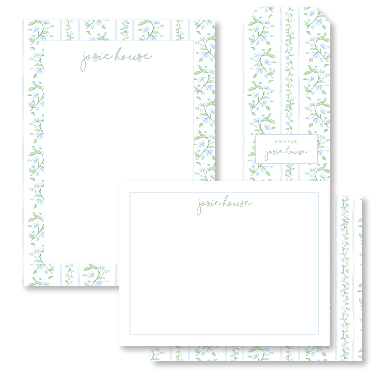 Blue Floral Stripe Stationery Set