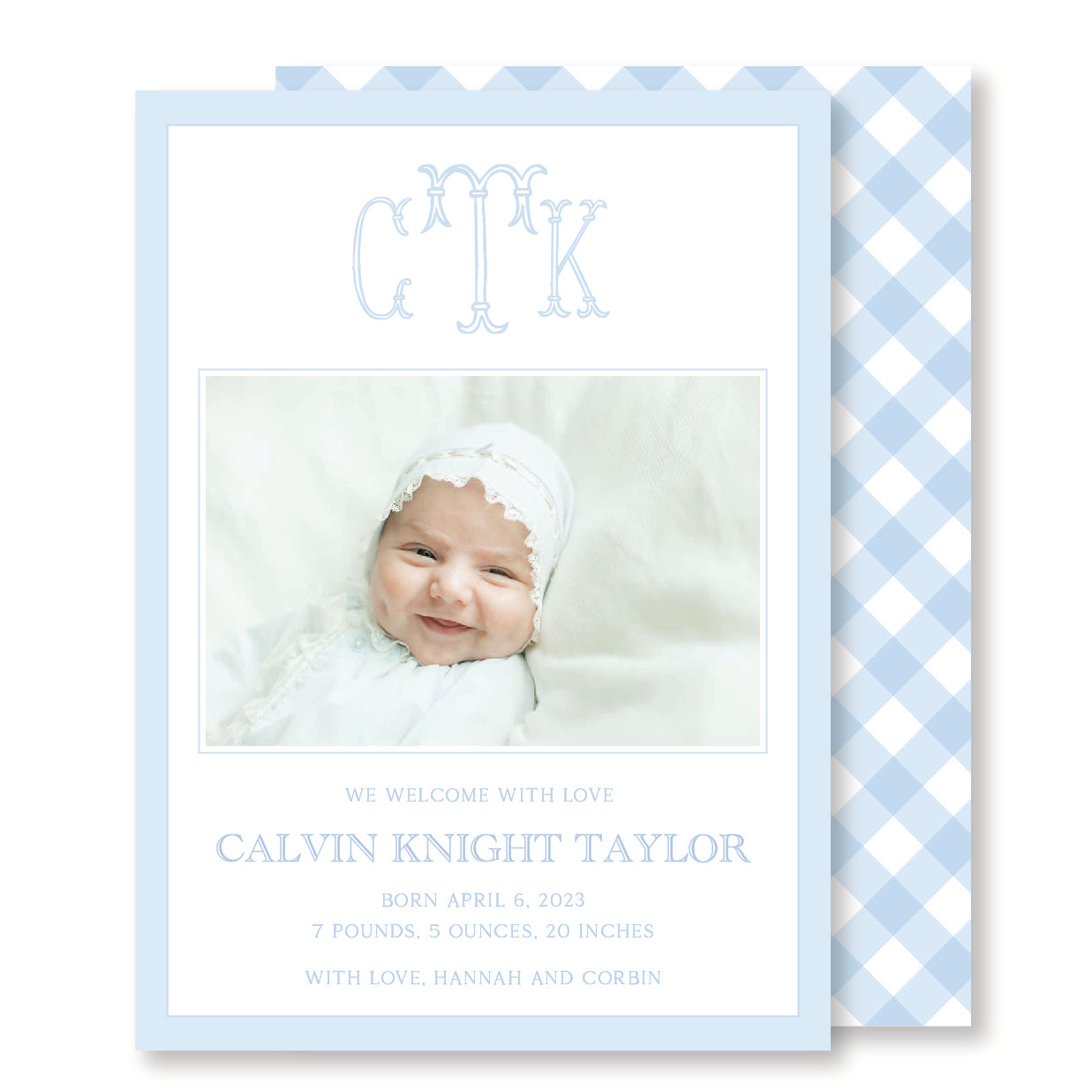 Blue Gingham Baby Announcement