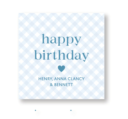 happy birthday blue gingham calling card