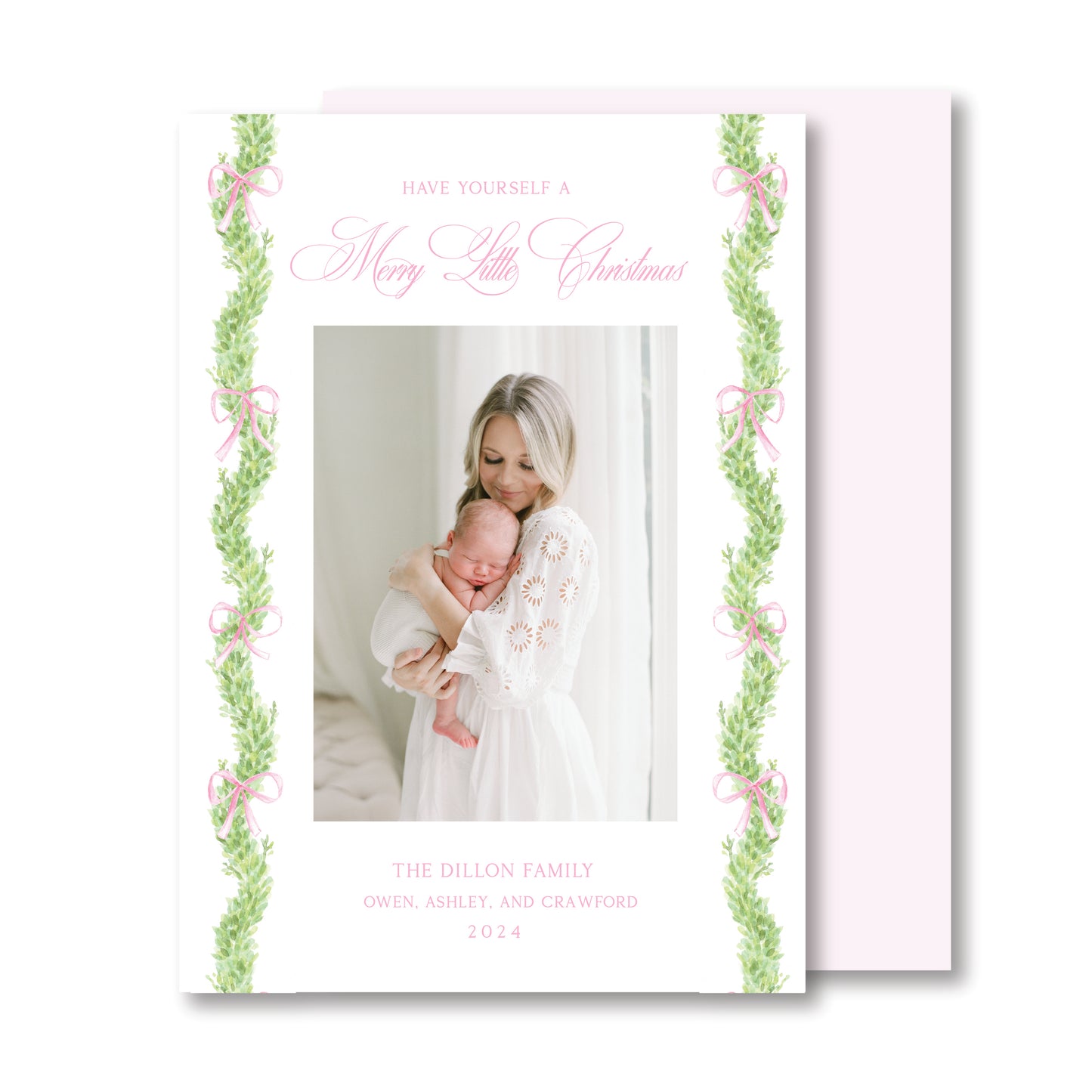 A Holiday Bow Boxwood Card- Pink