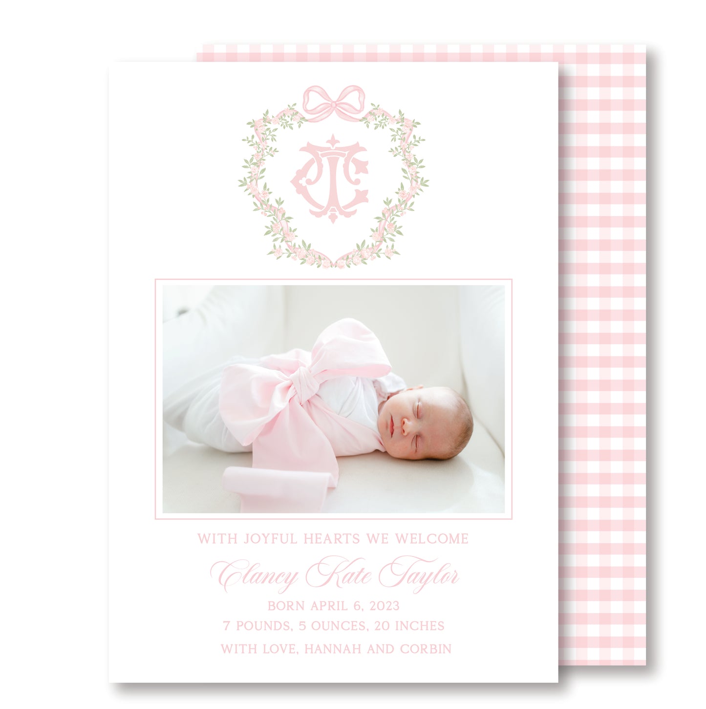 Pink Crest Baby Announcement Vertical
