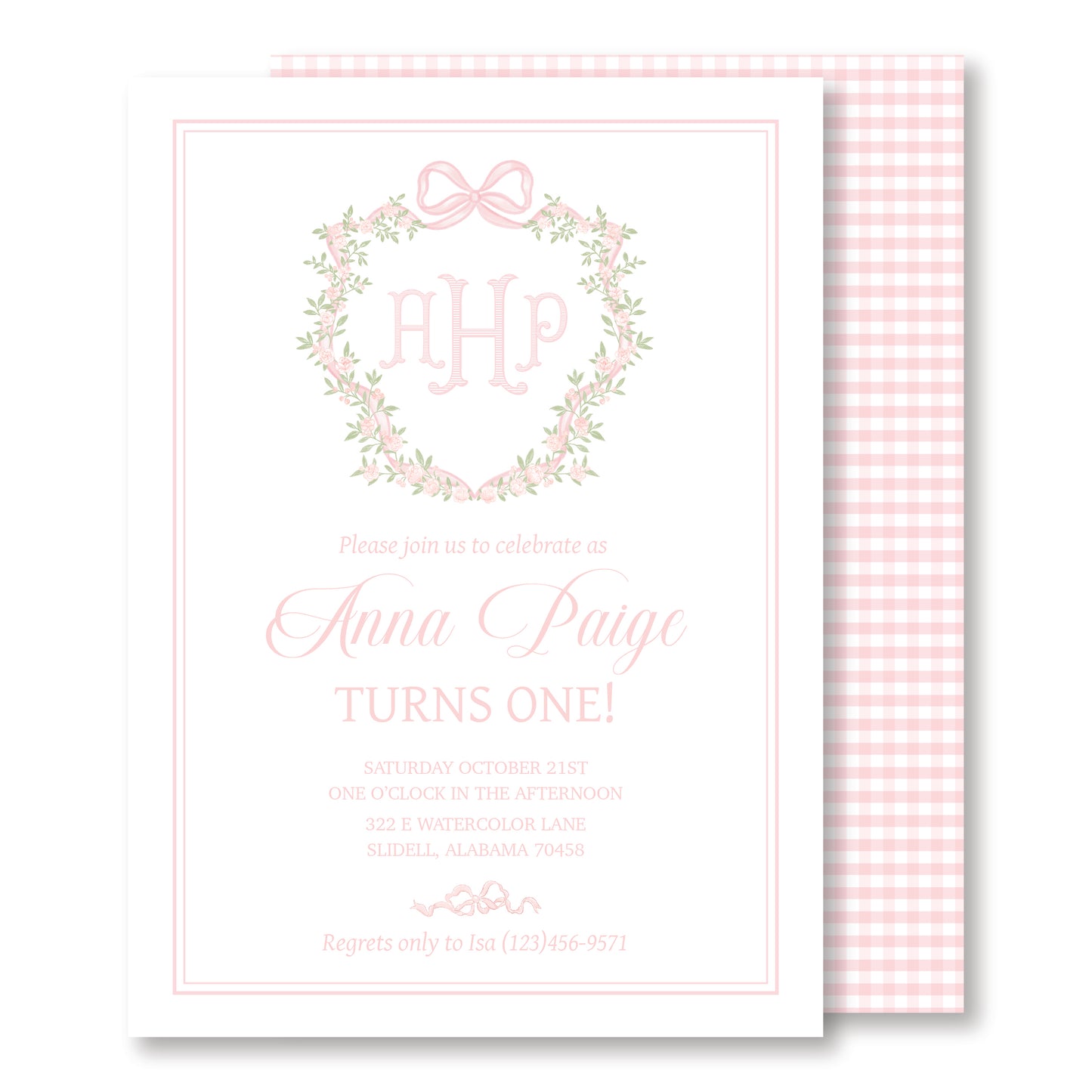 Pink Gingham Monogram Invitation