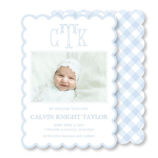 Scalloped Blue Gingham Baby Announcement