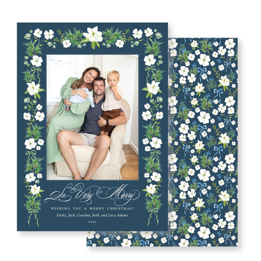 Holiday Blossoms Navy Christmas Card Photo
