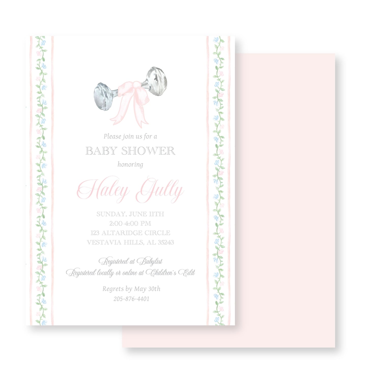 Pink Rattle Floral Baby Shower Invitation