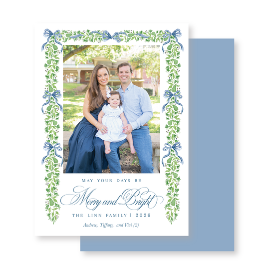 Blue Bow Botanical Christmas Card