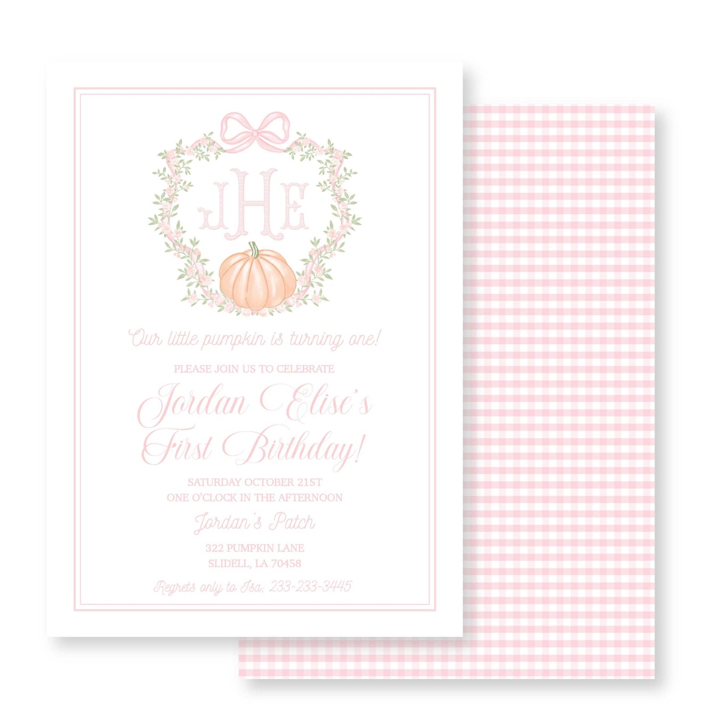 Pink Gingham Pumpkin Birthday Invitation