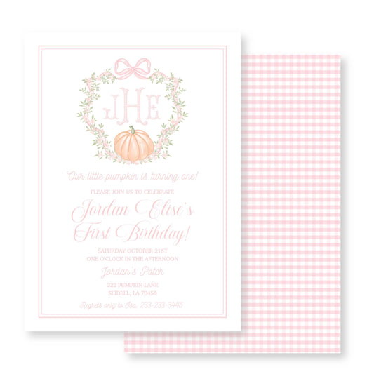 Pink Gingham Pumpkin Birthday Invitation