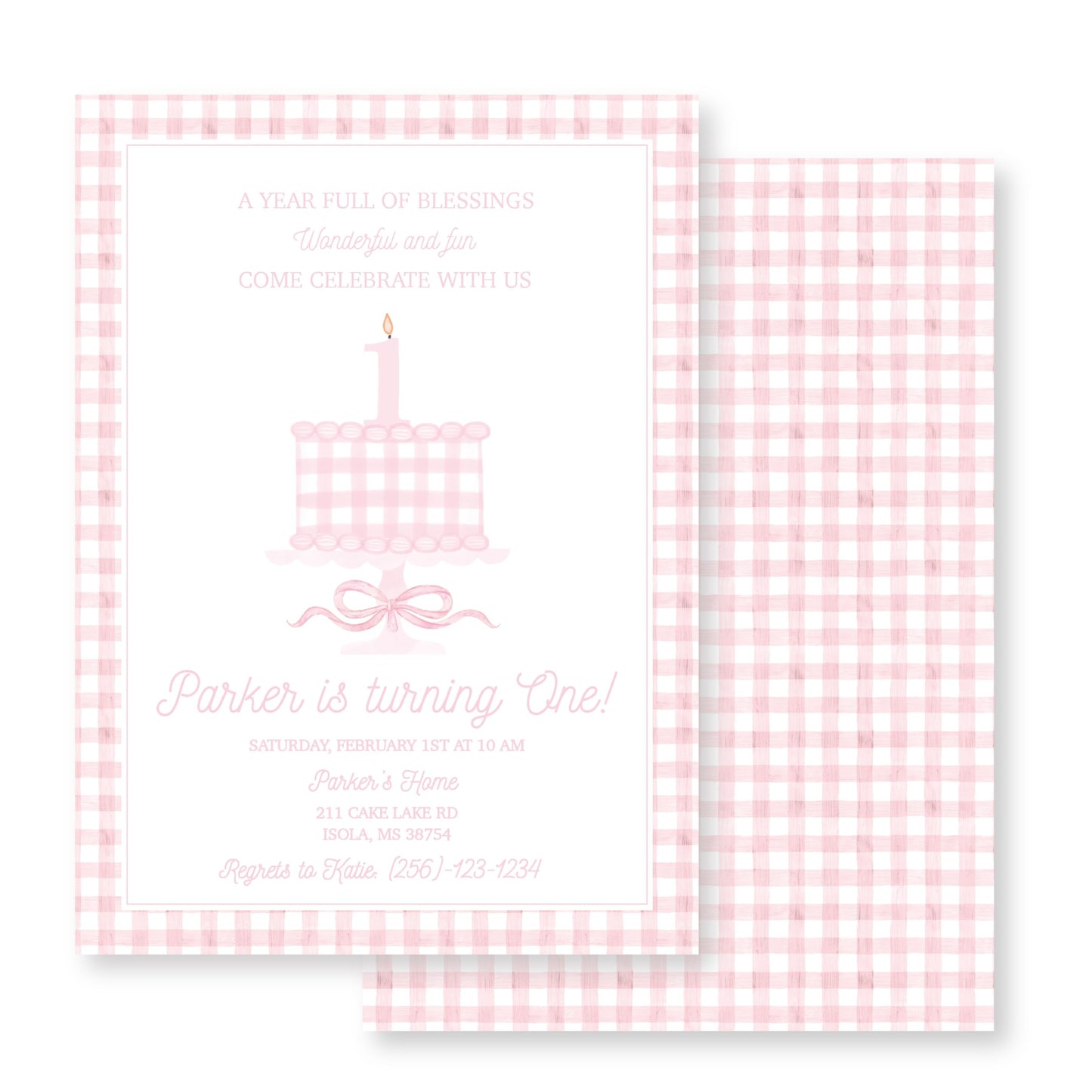 Pink Gingham First Birthday Cake Invite
