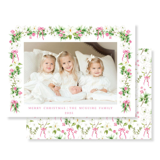 Pink Holiday Blossoms Horizontal Christmas Card Photo