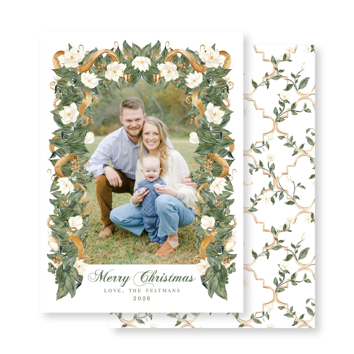 Magnolia & Gold Ribbon Christmas Card
