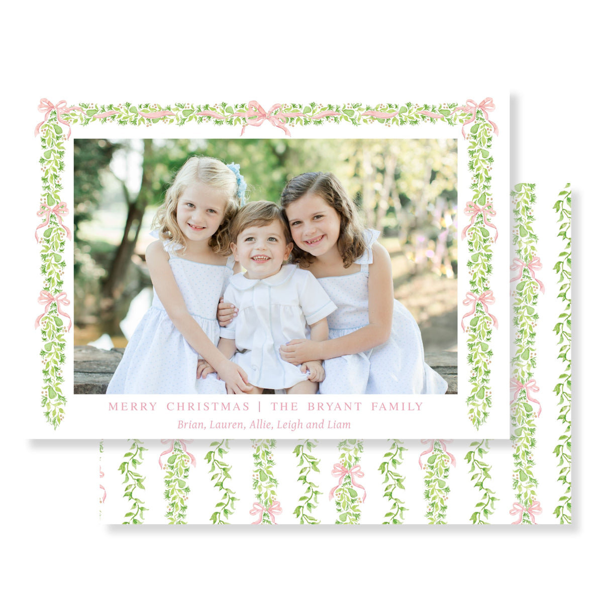 Pink Bow Garland Christmas Card (Horizontal)