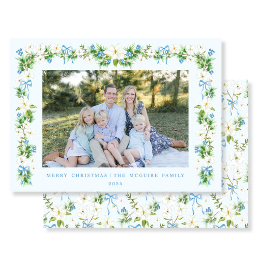 Blue Holiday Blossoms (Horizontal) Christmas Card Photo
