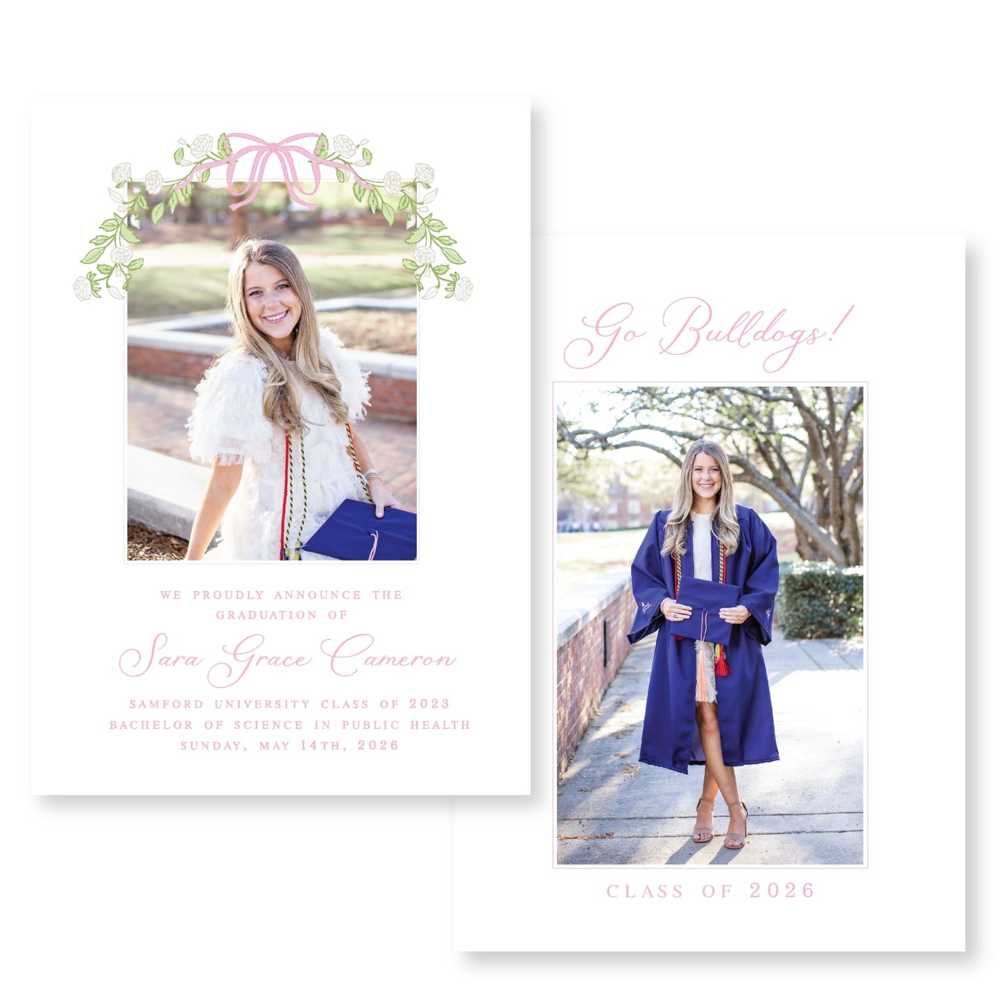 Classic Pink Floral Bow Graduation Announcement