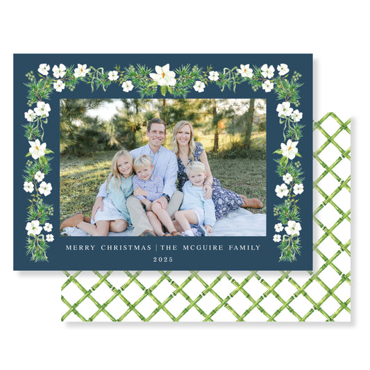 Navy Holiday Blossoms (Horizontal) Christmas Card Photo