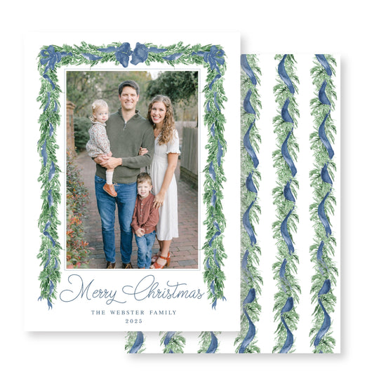 Navy Evergreen Garland Christmas Card
