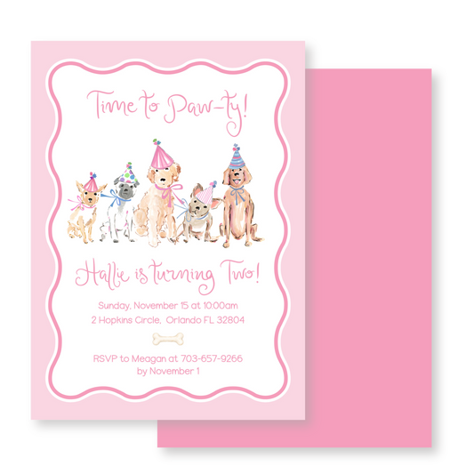 Time to Paw-ty! Pink Puppy Birthday Invitation