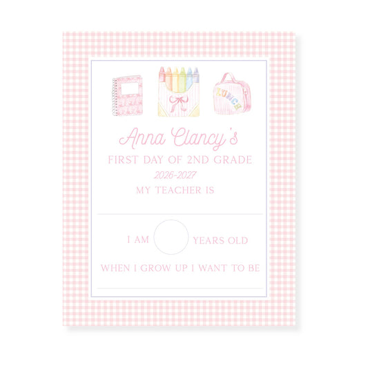 Fill in Blank Pink Gingham First and Last Day of School Sign