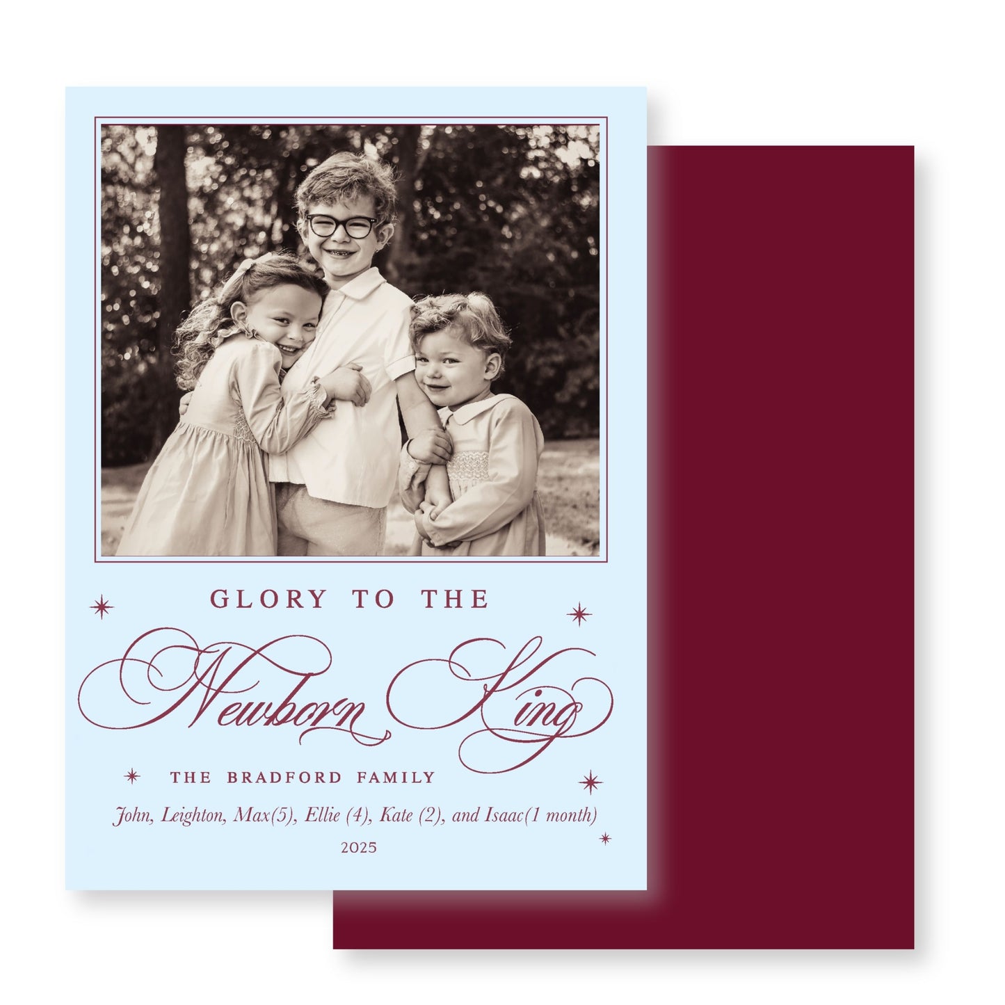 Light Blue & Burgundy Chintz Christmas Card