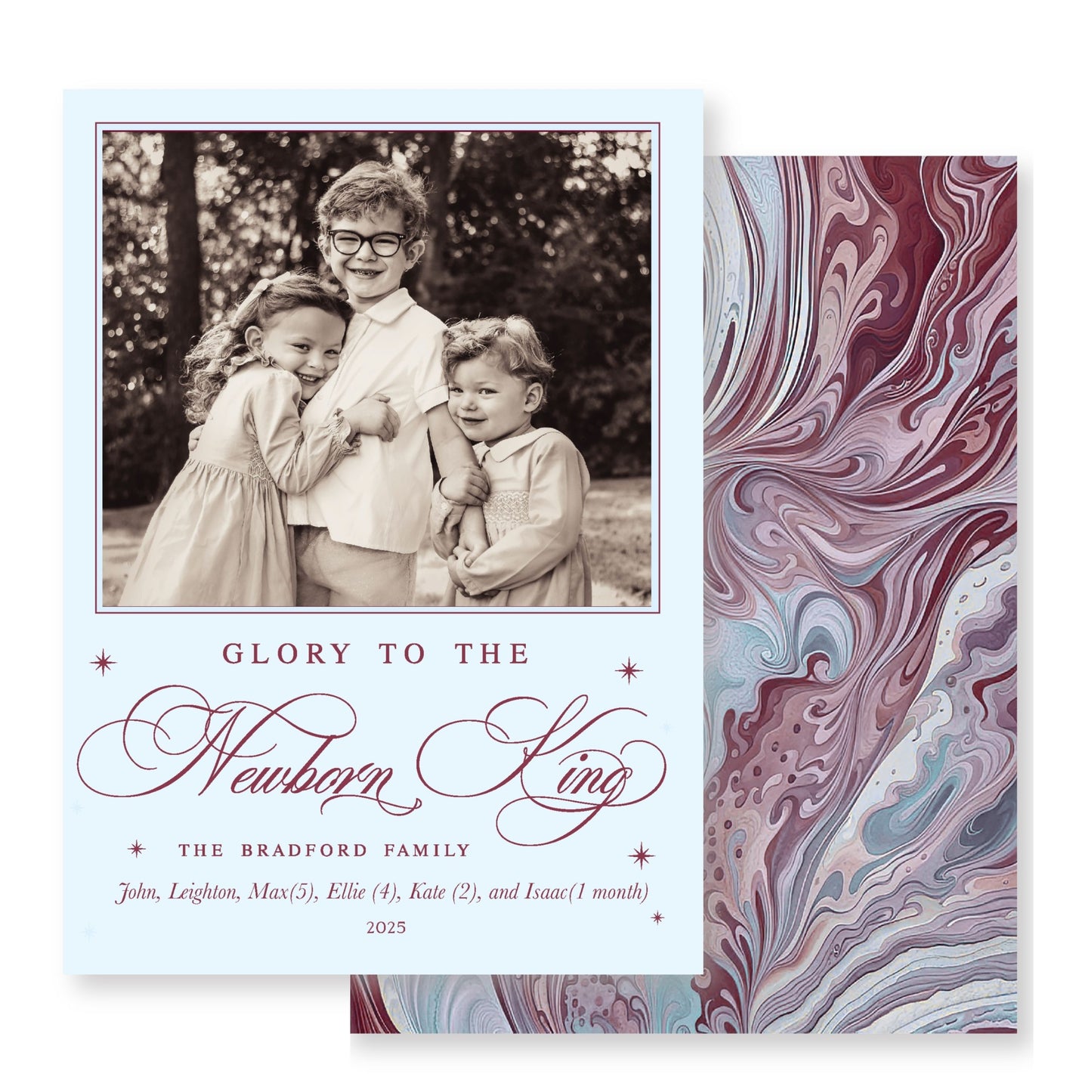 Light Blue & Burgundy Chintz Christmas Card