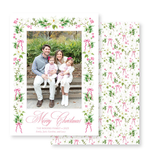 Pink Holiday Blossoms Christmas Card Photo