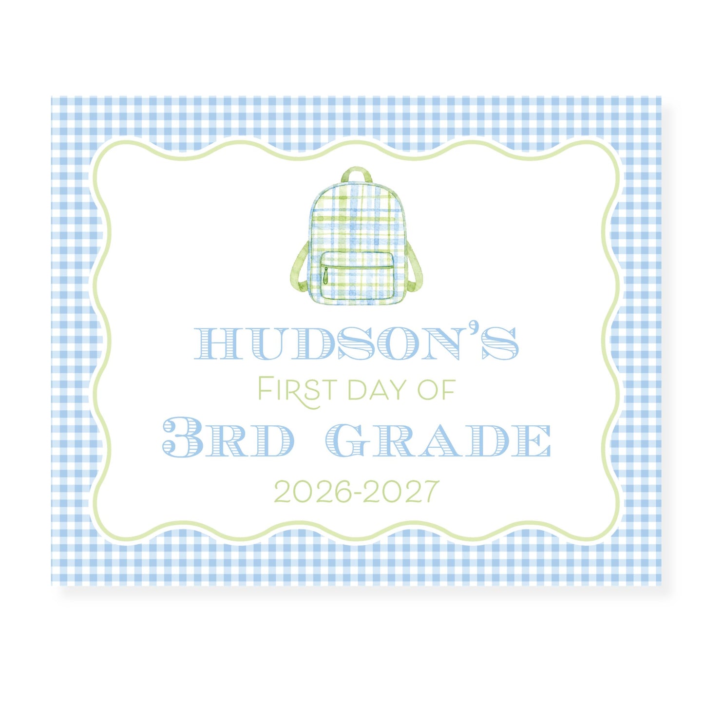 Personalized First Day Blue Gingham Back to School School Sign
