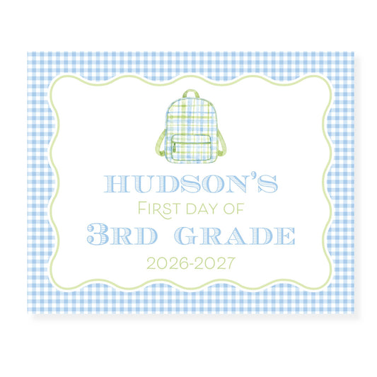 Personalized First Day Blue Gingham Back to School School Sign
