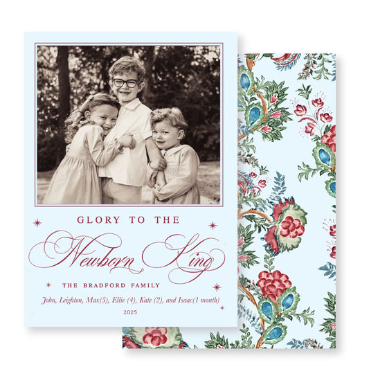 Light Blue & Burgundy Chintz Christmas Card