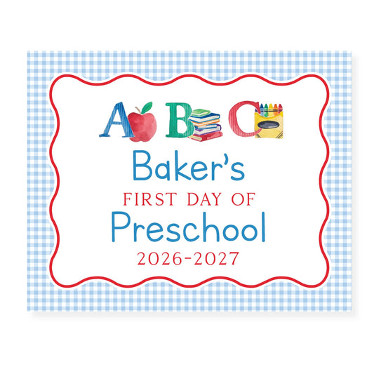 Personalized First Day of School Sign | ABC School Photo Prop | Blue Gingham Printable | Custom Grade Sign