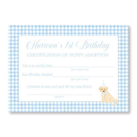 Blue Puppy Adoption Certificates