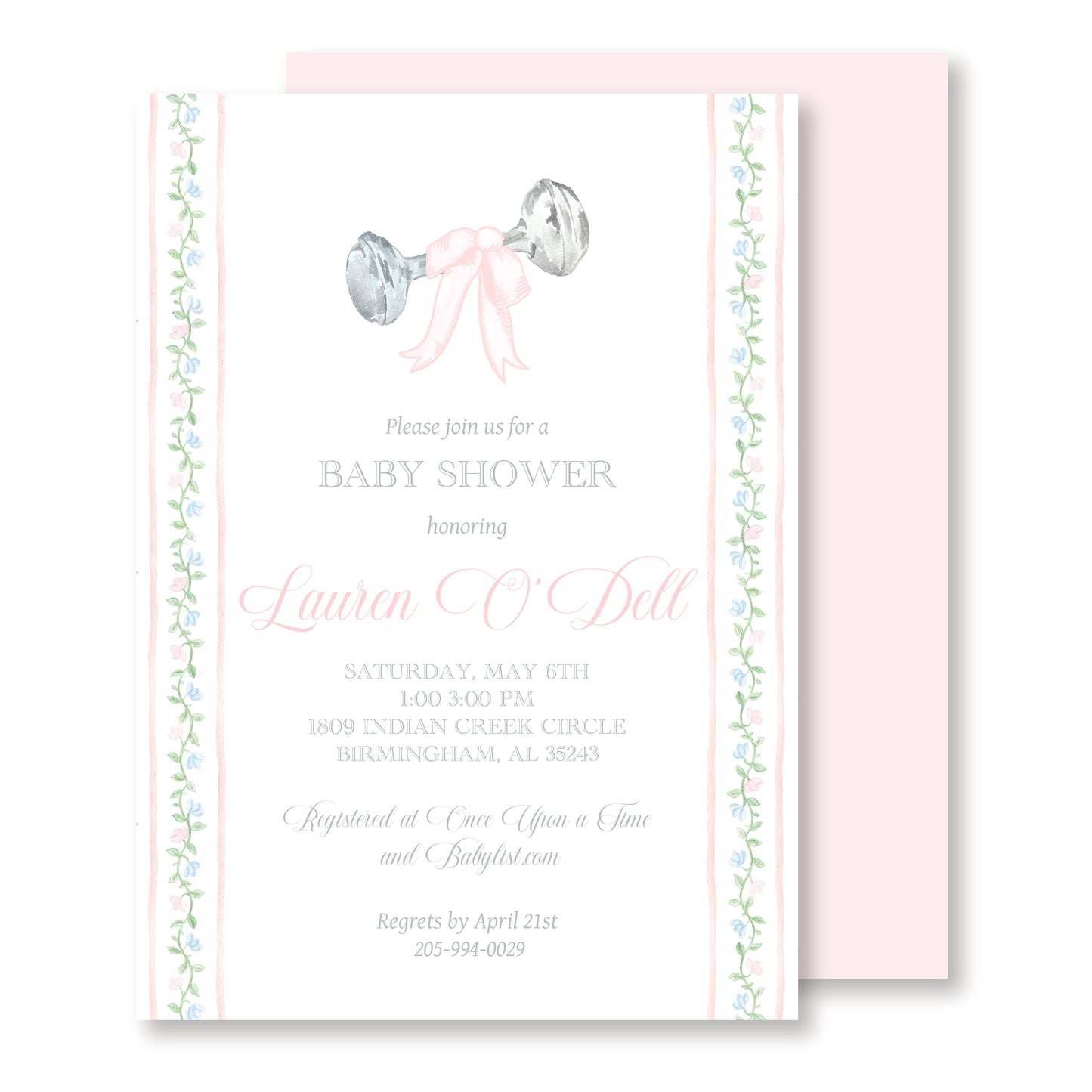 Pink Rattle Floral Baby Shower Invitation