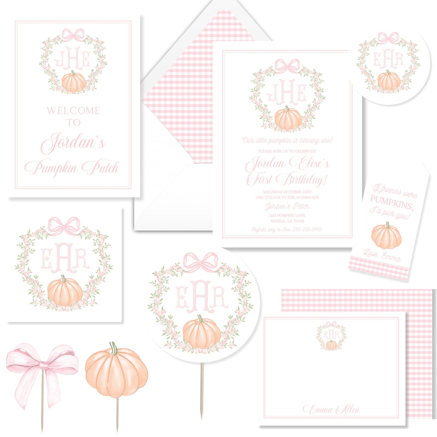 Pink Gingham Pumpkin Birthday Invitation