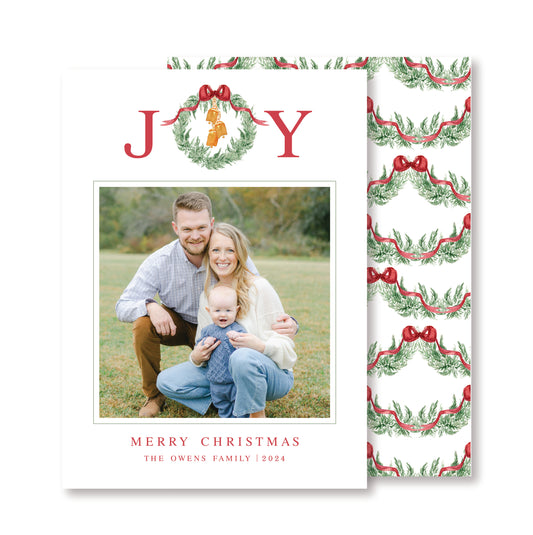 Red Garland Joy Christmas Card Photo