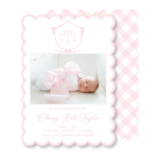 Scalloped Pink Bow Crest Baby Announcement