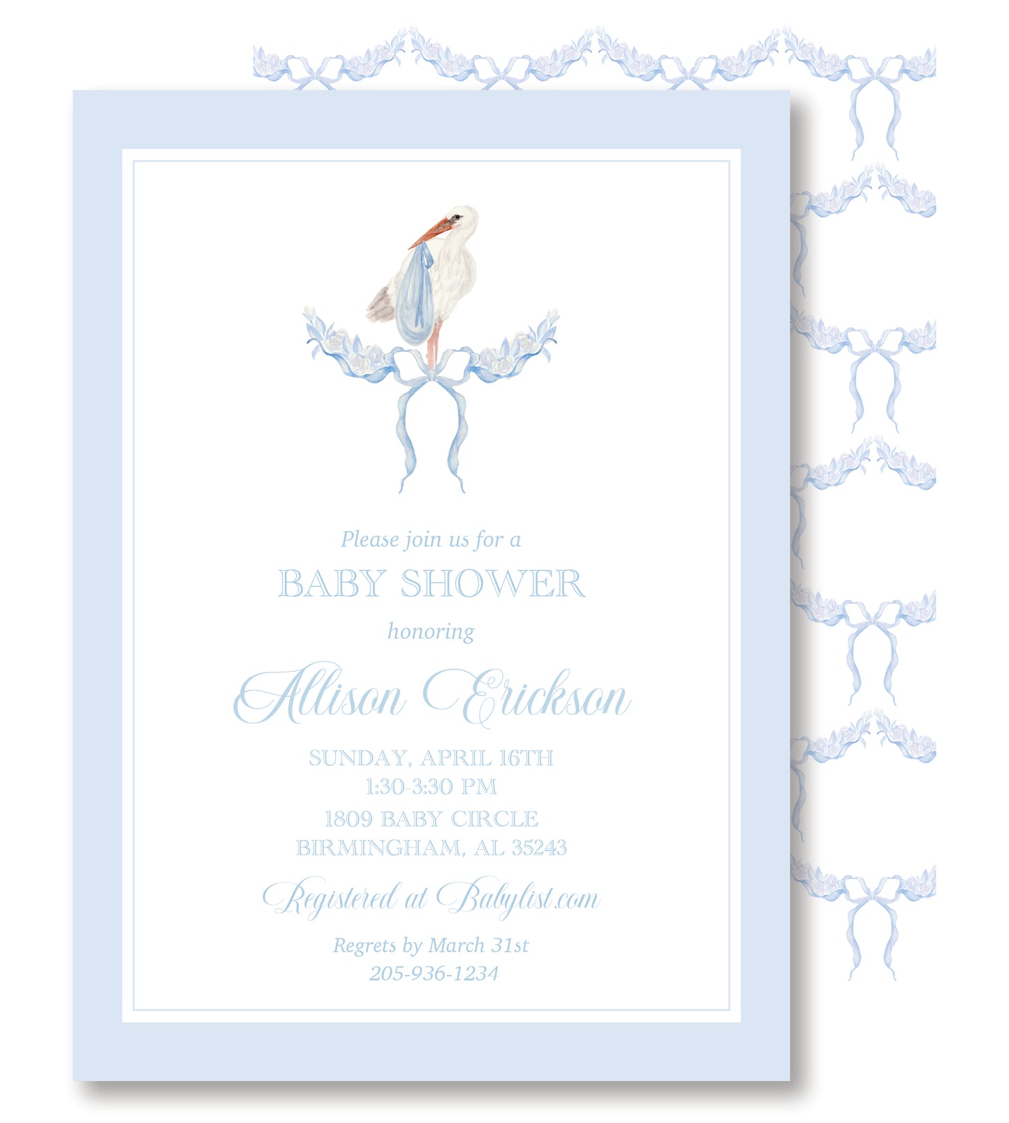 Blue Stork Baby Shower Invitation